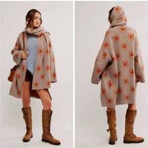 Free People Bali Ayla Medallion Jacquard Wool Blend Scarf Cardigan Sweater Sz L